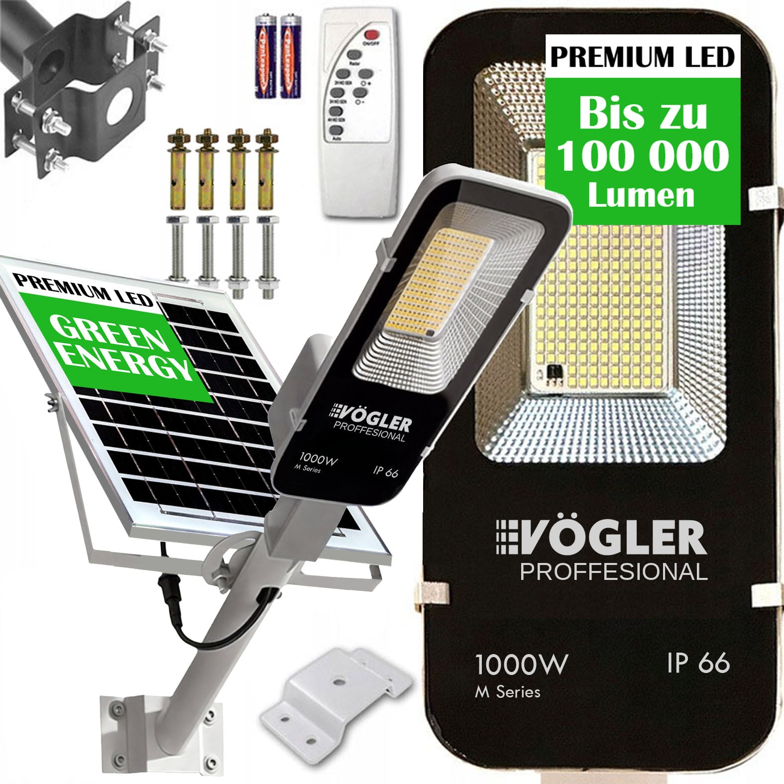 Leistungsstarke Solarlampe, Dämmerungssensor, Fernsteuerung, Vögler Professional 1000W