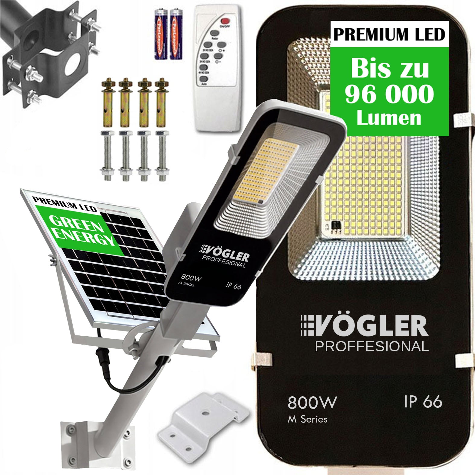 Leistungsstarke Solarlampe, Dämmerungssensor, Fernsteuerung, Vögler Professional 800W